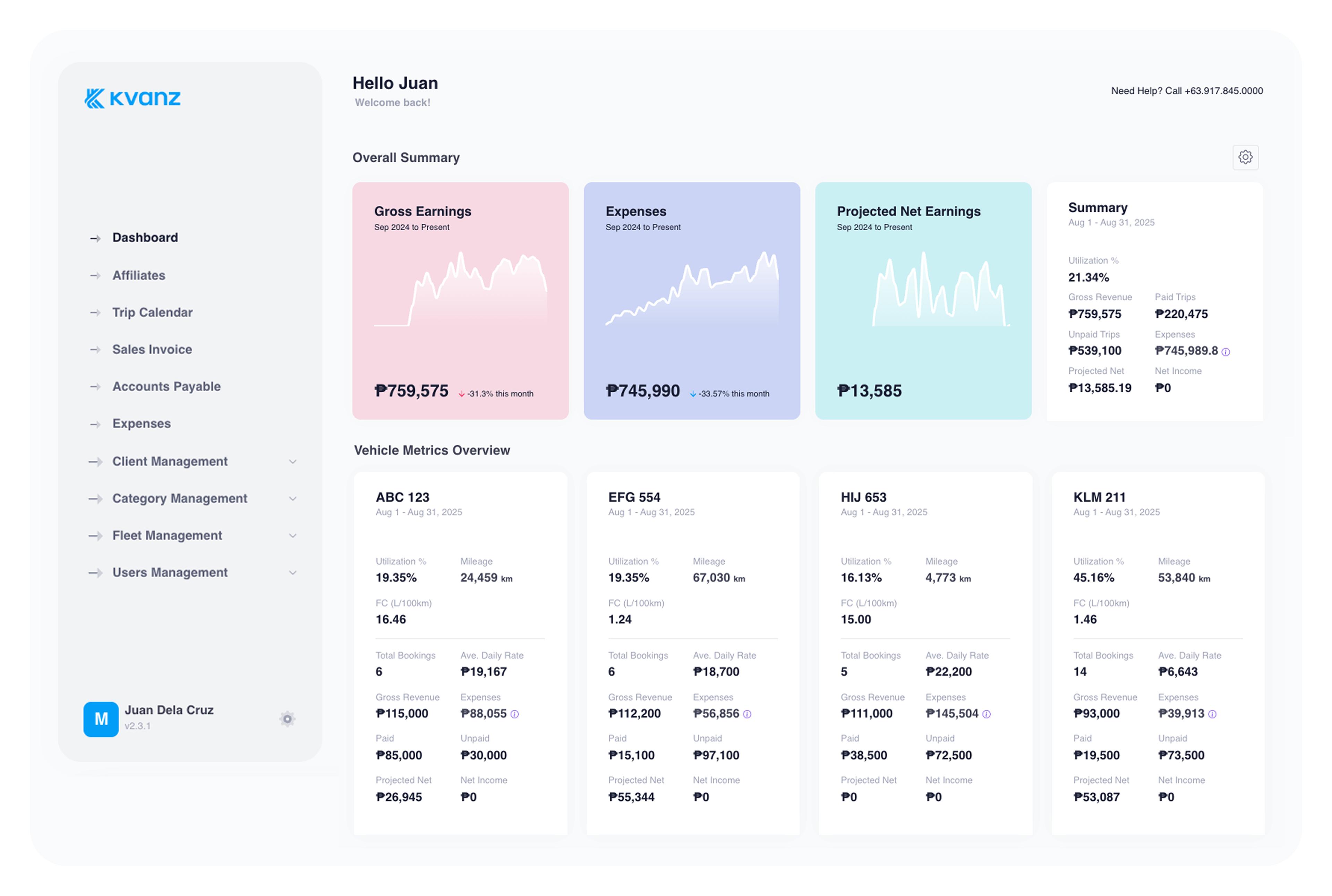 Kvanz dashboard screen